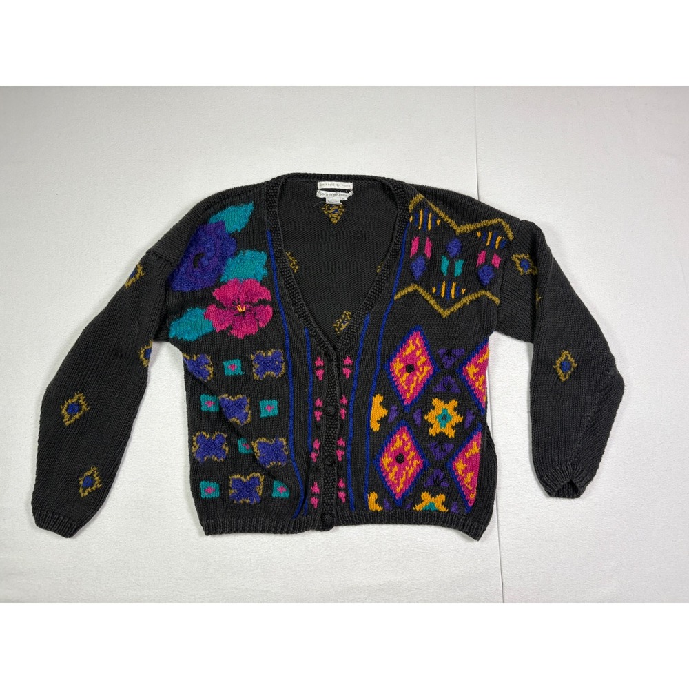 Jennifer Reed Vintage Hand Knitted Cardigan Sweater Black Floral Geometric Med M